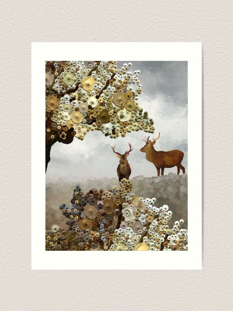 Am linken oberen und mittig unteren Bildrand zwei Bäume in beige und braun Tönen, die ich mit einer virtuellen Farbtube "aufgetupft" habe. Dahinter zwei Hirsche auf einer blass graugrünen Wiese, einer frontal gemalt, der andere im Profil. Der Himmel ist hellgrau und wirkt dunstig bewölkt.