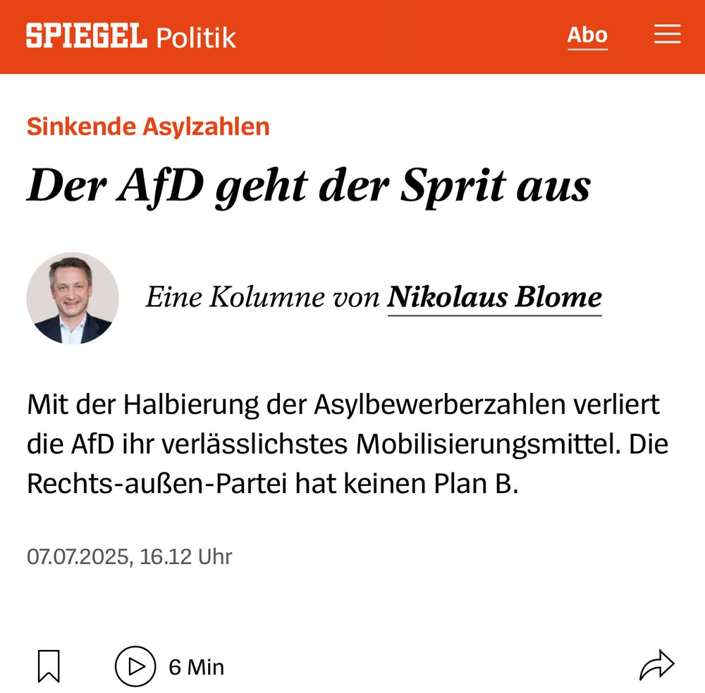 “Falling Asylum Seeker Numbers
The AfD is running out of steam
A column by Nikolaus Blome
With the number of asylum seekers halved, the AfD is losing its most reliable means of mobilization. The far-right party has no Plan B.”