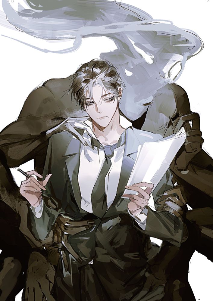 An illustration of original characters depicting a large non-human figure with smoke in place of a head, looming behind a composed man in a suit. The man holds a cigarette in one hand and a document in the other, while the non-human grasps his arms. Despite the eerie presence, the man remains calm and unfazed, almost bored even.

