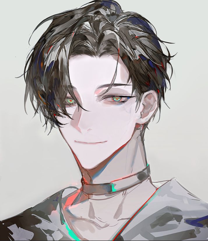 An original character (OC) illustration features a male with black hair and striking green eyes, set against a plain background.