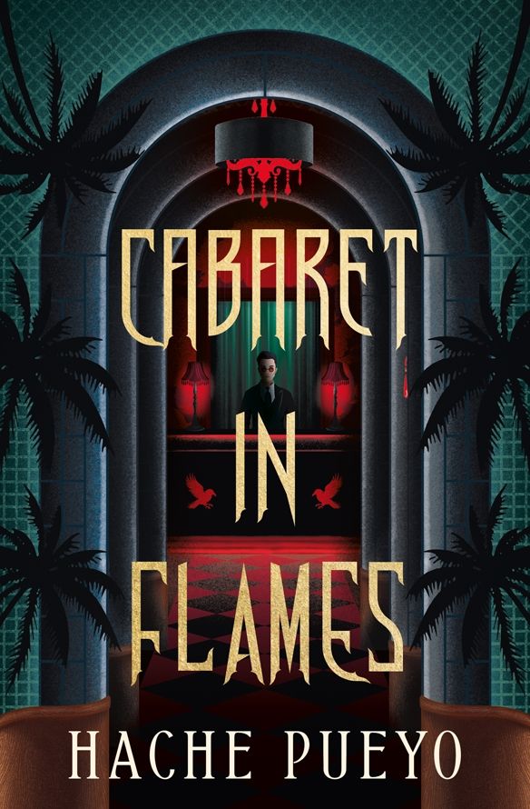 The entrance of an establishment at night, lined by palm trees, and the title in the middle. In the background, behind the counter, a man in suit and sunglasses stands under a red chandelier that looks like it's dripping blood.