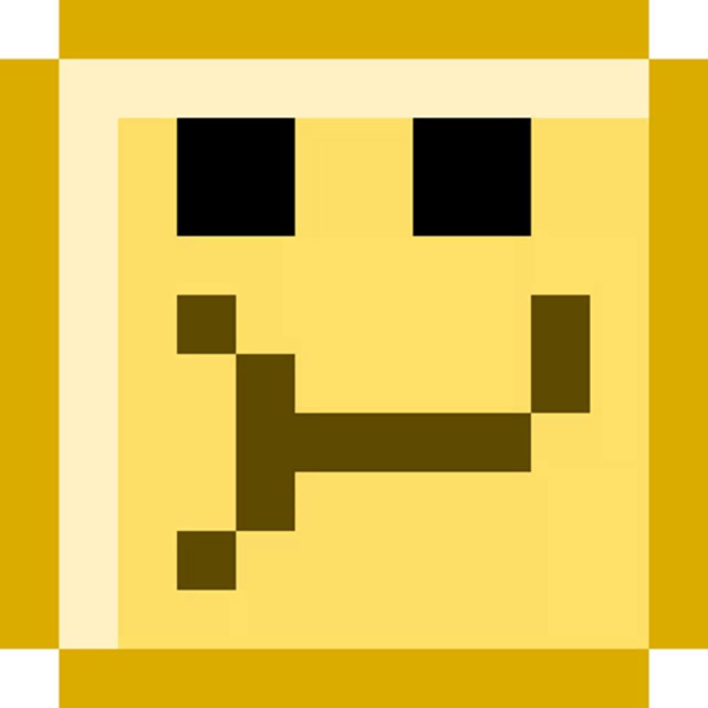 a pixel art smiley face with a black eye and a brown tongue