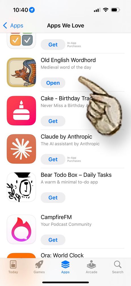 Apps We Love list on the App Store with a medieval manuscript illustration of a hand pointing to the Old English Wordhord app in a list with other apps like Cake - Birthday Tracking, Claude by Anthropic, Bear Todo Box, CampfireFM and Ora: World Clock.