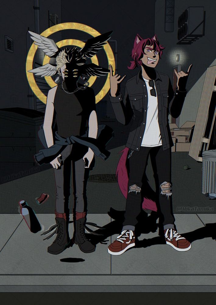 Hevel, my angel OC, and Dami, my half-demon OC eerily stand on the sidewalk in front of an alleyway like the “Why this 🥷 so mad?” meme. There’s alleyway clutter in the background. Hevel’s face is hidden in shadow.