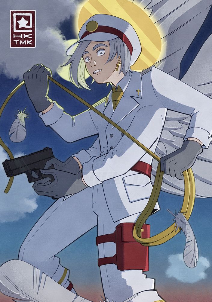 A winged angel with 2 sets of arms readies some rope and a pistol on a lightly-cloudy, moonlit, night. He looks tense.