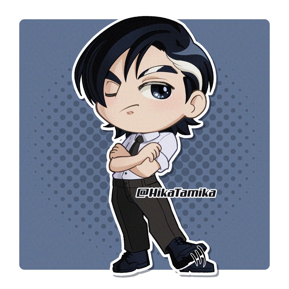 Chibi of a man with dark eyes, and dark hair; some of it tucked behind his ear. He lacks pigmentation in a few strands. He's standing in formal office-wear with his arms crossed.