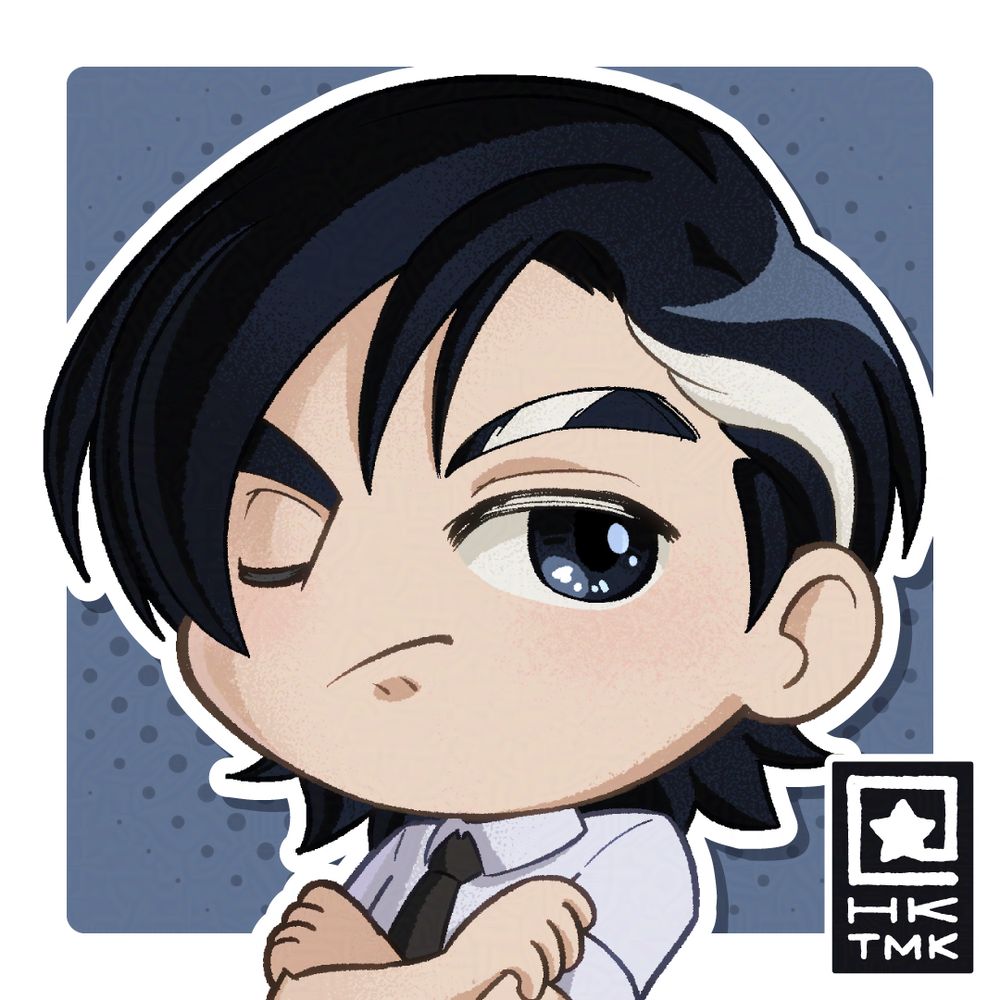 Closeup of a chibi of a man with dark eyes, and dark hair; some of it tucked behind his ear. He lacks pigmentation in a few strands.
