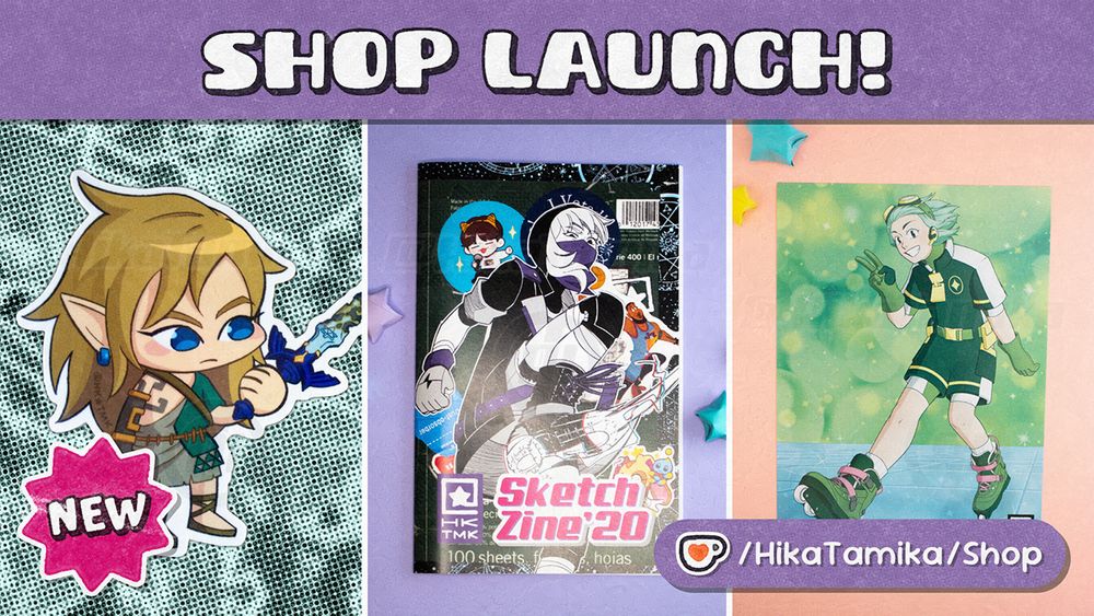 A Tears of the Kingdom link sticker, my 2020 SketchZine, and an Original Character Print, surrounded by paper stars. Promoting my shop.
