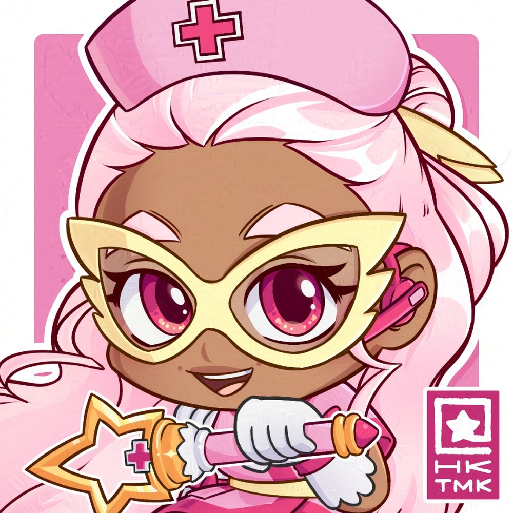 A chibi, pink, nurse-themed magical girl holding a star wand in front of a pink background.