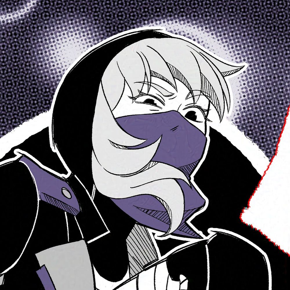 A masked, hooded, black and purple themed magical girl sneers at you a little.