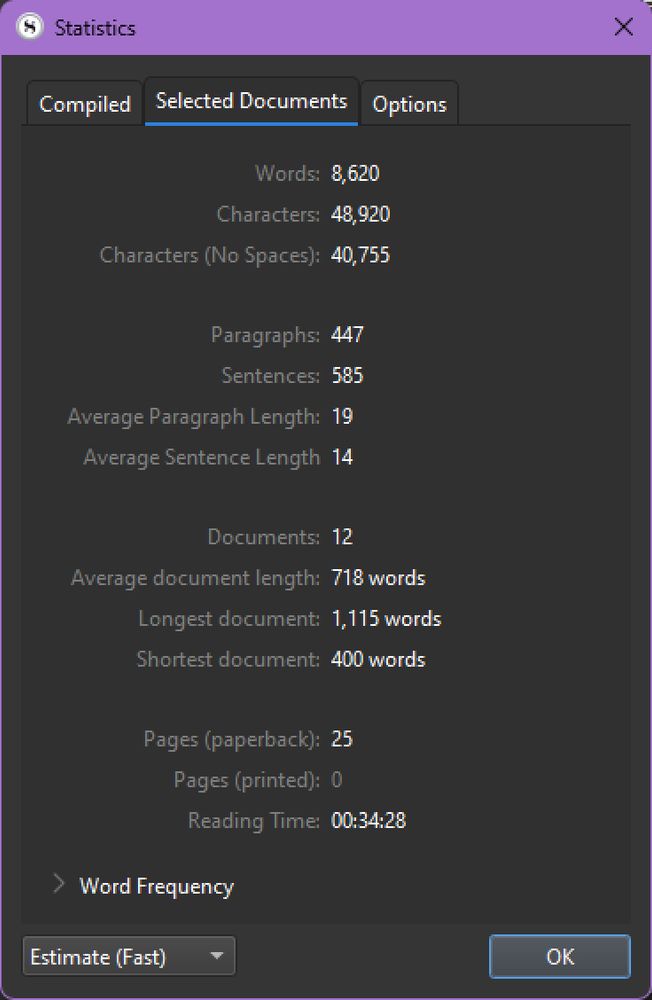 Scrivener stats for a short story. Notable stats include, 8.6k words, 49k characters. 447 paragraphs, 585 sentences.