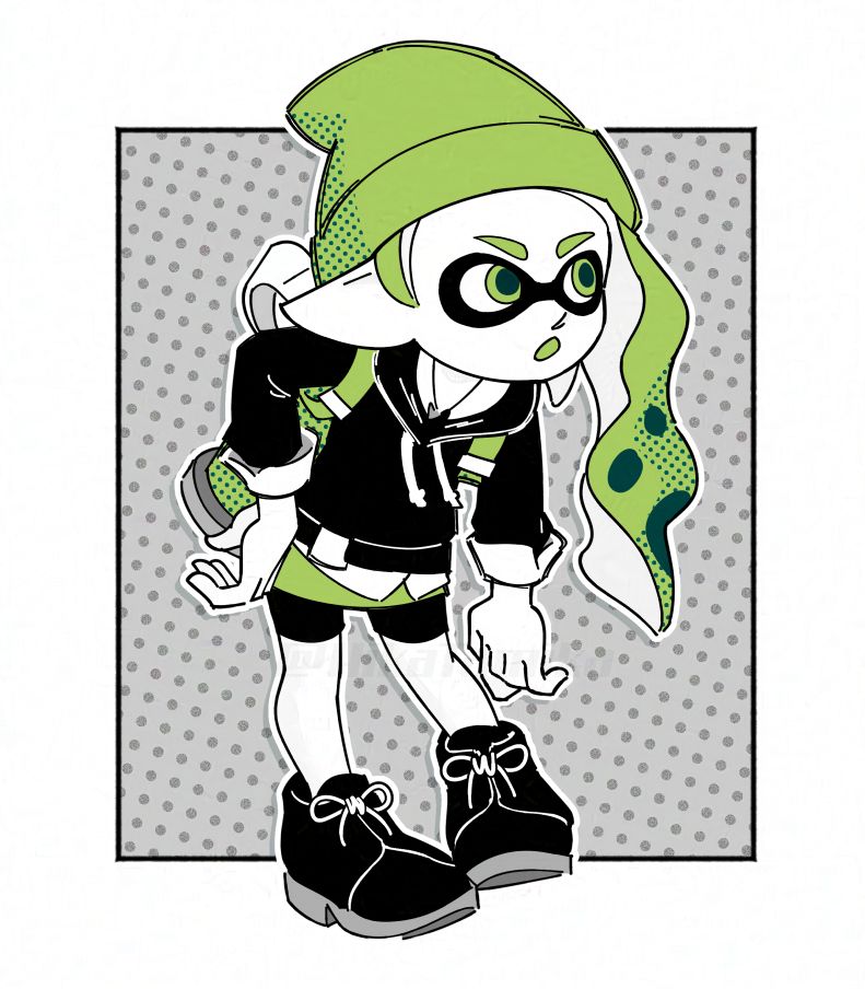 Manga stylized splatoon redraw. An inkling leans forward with one hand on her hip.
