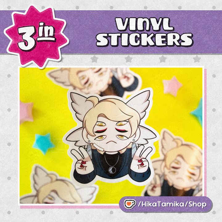 Sticker of my angel Original Character, Hevel, double-peace-signing. He has 6 eyes, the middle pair closed with red eyeliner, and 4 wings sprouting from his head.