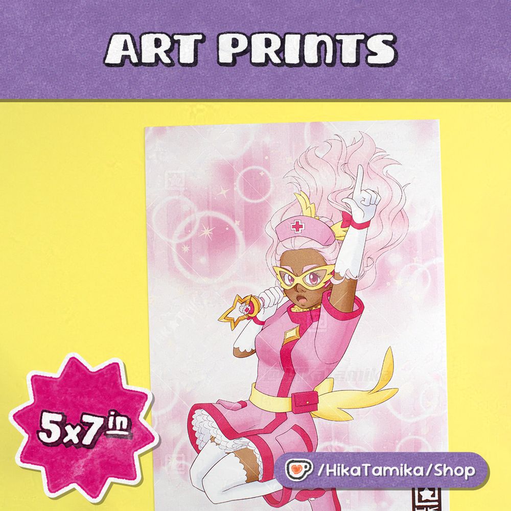 My art print of Lux Pink, determined, holding her star shaped blade. 5x7".
The URL to my ko-fi shop is in the image. 