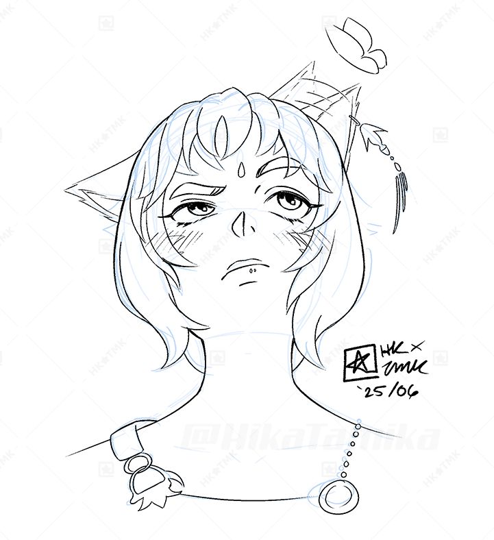 Drawing of a catgirl who flicks her ear in response to a butterfly landing on it.