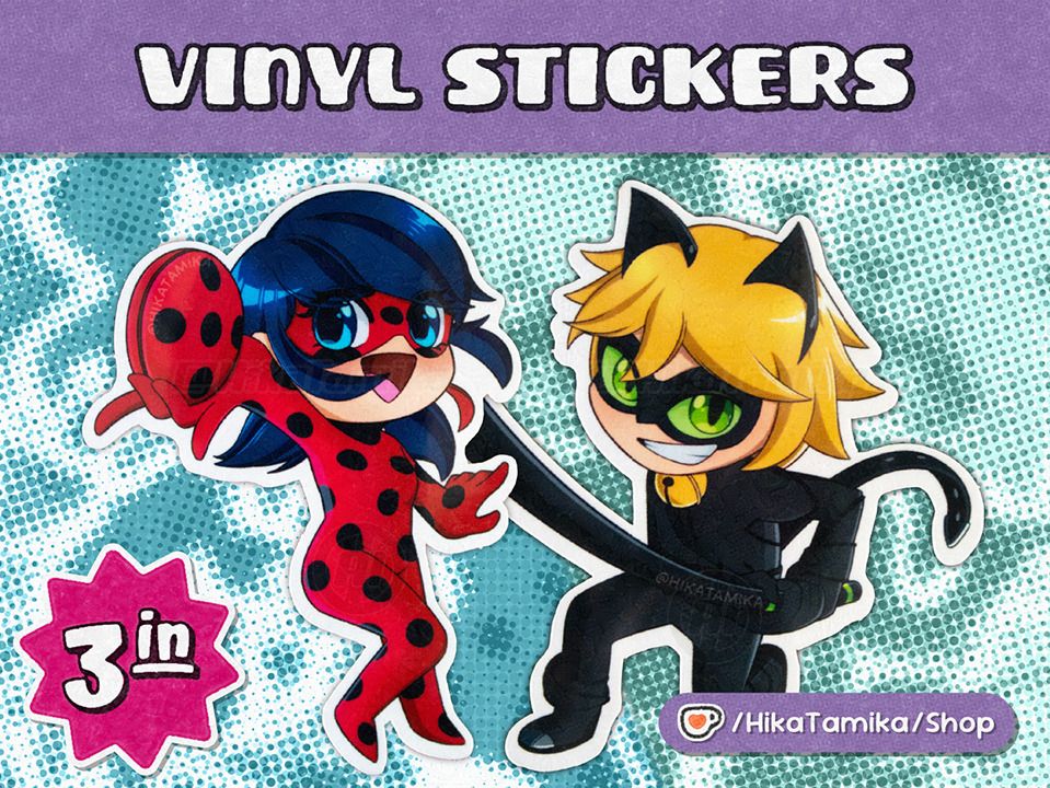 Stickers of Ladybug brandishing her trusty yo-yo and Chat Noir swinging his handy baton.