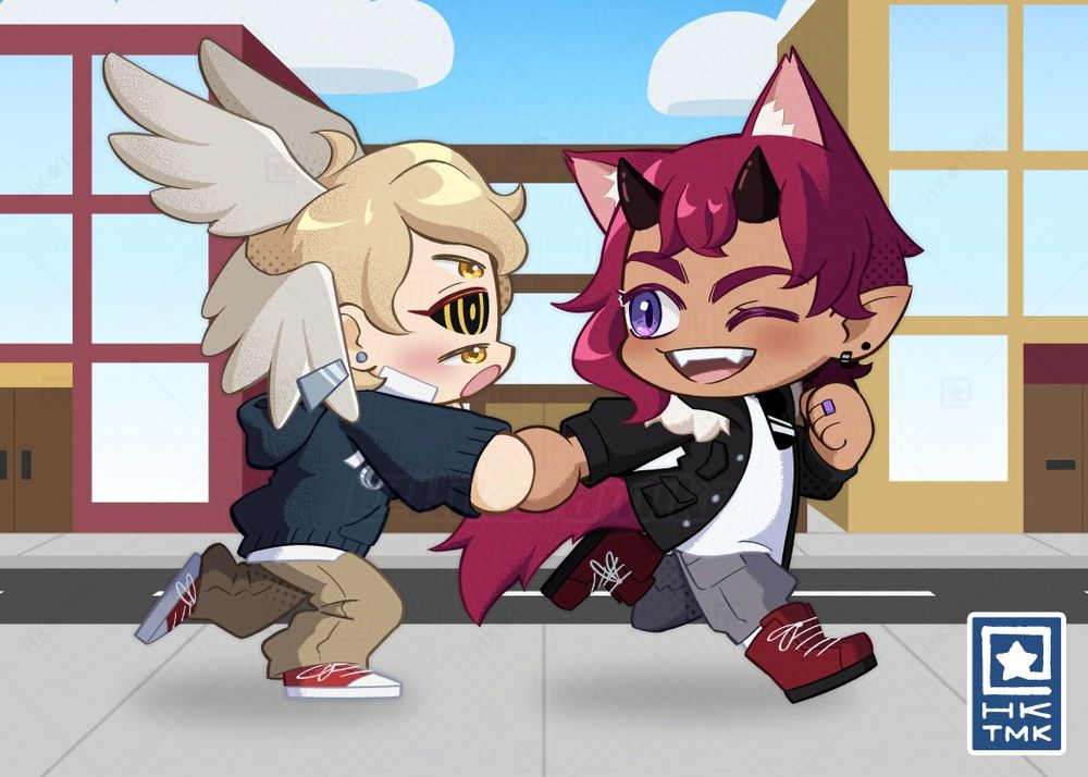 Dami, my demon cat-boy OC, leads Hevel, my fallen angel OC, through a city street on a sunny afternoon! They're both chibis.