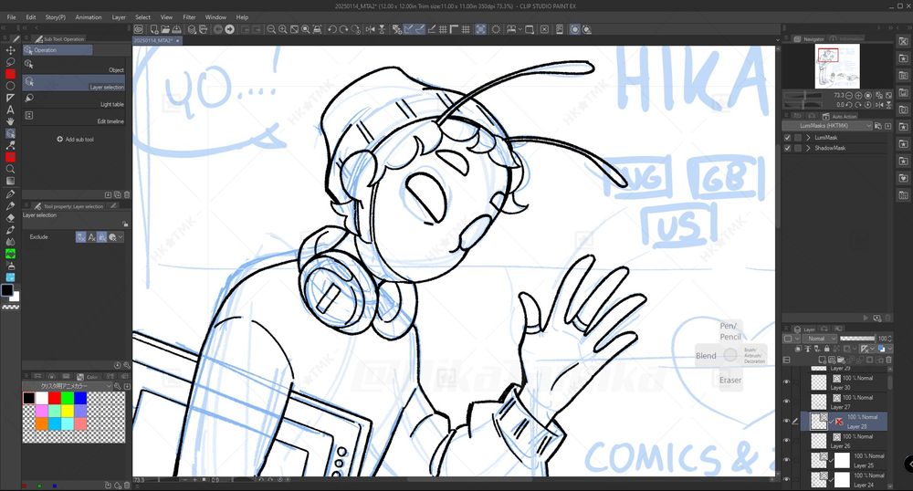 Hika's Clip Studio Paint window. They've drawn theirself waving awkwardly.