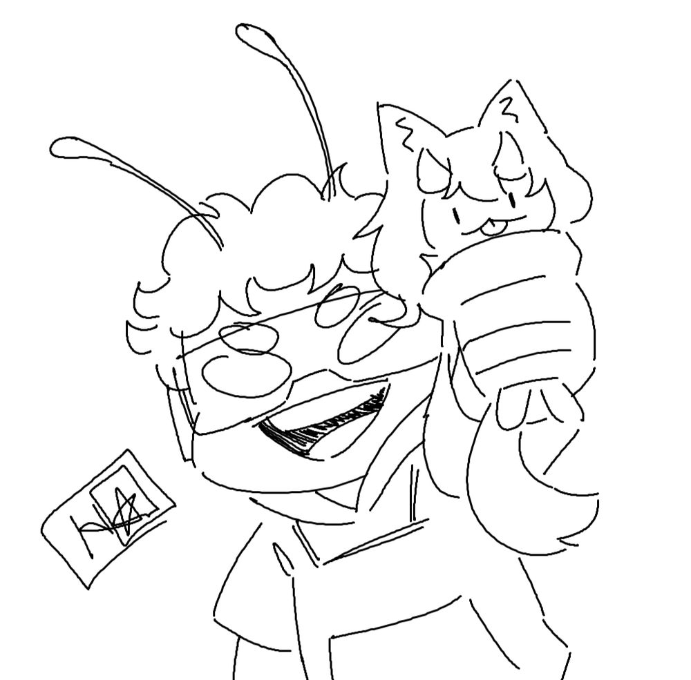A drawing of Hika's alien sona. In one fist, they hold their OC, Dami, to the viewer.
