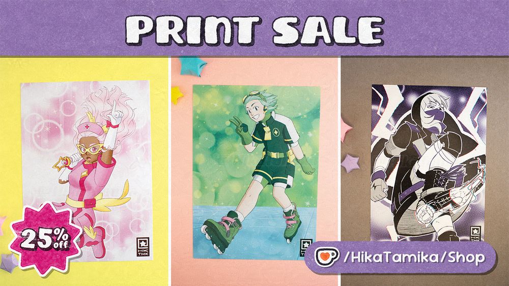 Three photos of prints placed alongside each other. Text says Print Sale, 25% off, and the URL to my web shop. All three characters depicted are from my magical girl story!
