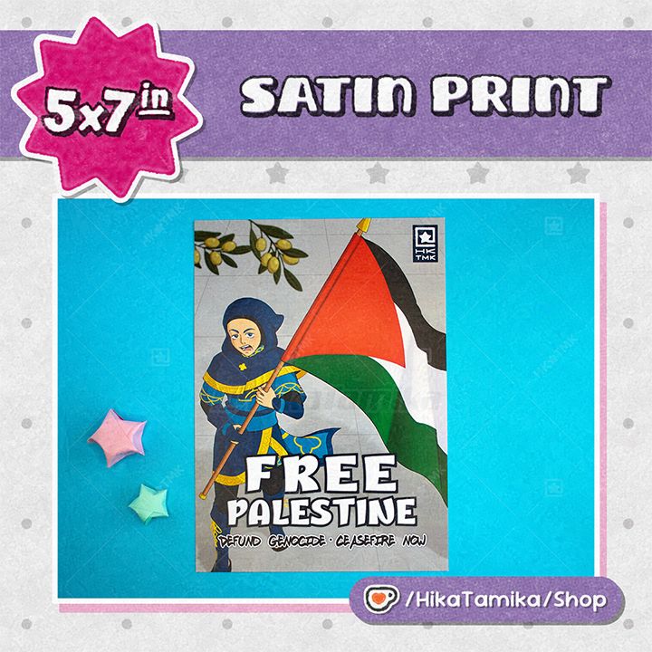 A mini-print surrounded by paper stars. My original character, a blue, hijabi, magical hero, marching with a Palestinian flag. Olive branches hang from a tree. Text says: Free Palestine, Defund Genocide, Ceasefire Now