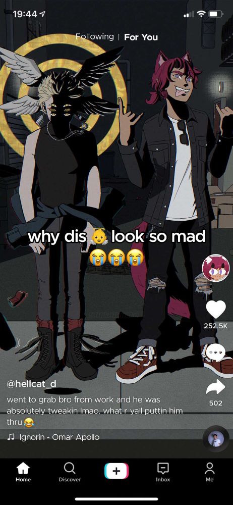 The silly art piece I used the Blender set for.
Hevel, my angel OC, and Dami, my half-demon OC eerily stand on the sidewalk in front of an alleyway like the “Why this 🥷 so mad?” meme. There’s alleyway clutter in the background. Hevel’s face is hidden in shadow.