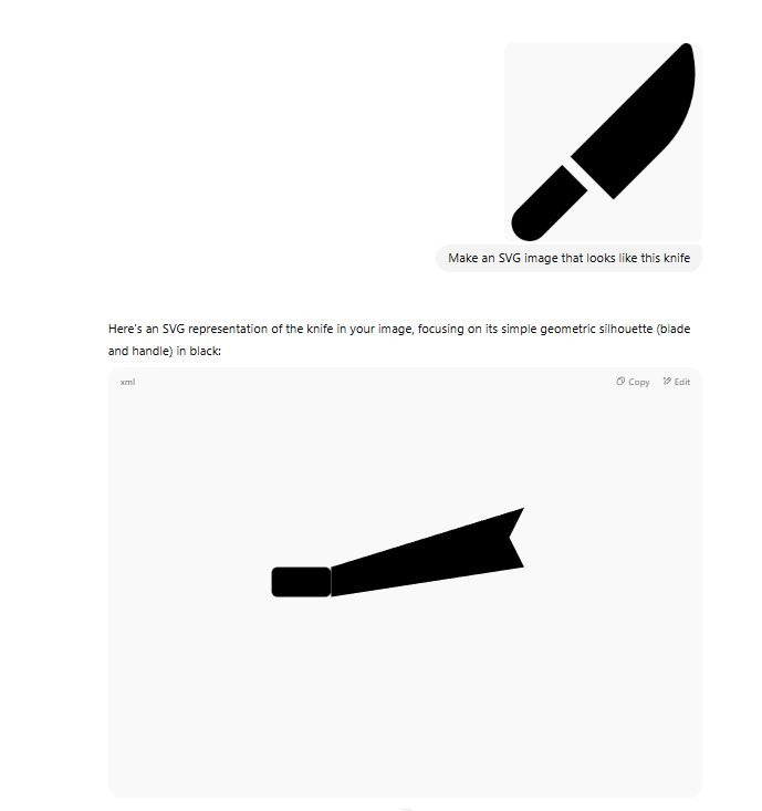 Asking ChatGPT to create an SVG knife from an example icon, and it messes up quite badly.