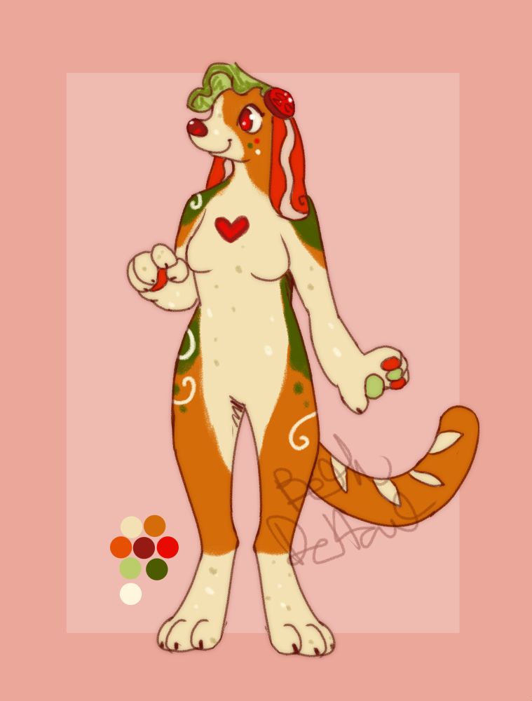A digital illustration of an anthropomorphic beagle themed after a BLT sandwich.
