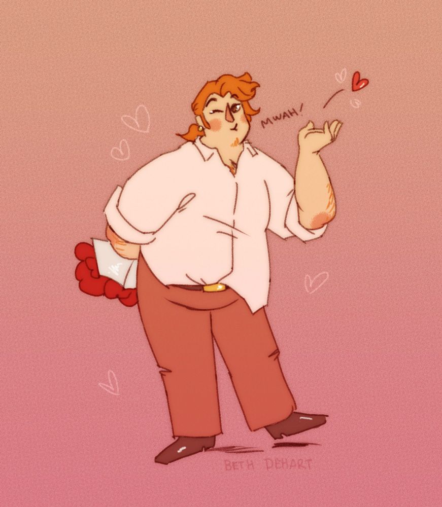 a digital illustration of a fat person blowing a kiss, dressed nicely, and holding a bouquet of roses.