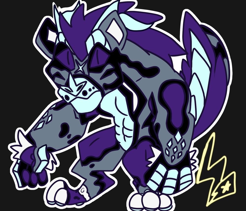 An anthropomorphic bipedal hybrid fursona staring at the viewer indignantly. She is a clouded leopard mixed with eastern dragon with armored hands, chest, eyebrows, and tail. She has slate gray fur with black and purple markings. Her fur hair is purple as well as her eyes, which have feline slits for pupils