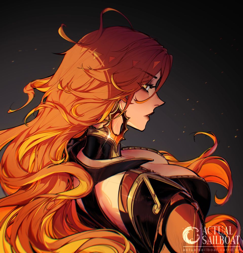 Mavuika from Genshin Impact stands with her back to the viewer, one earring glinting in the light.