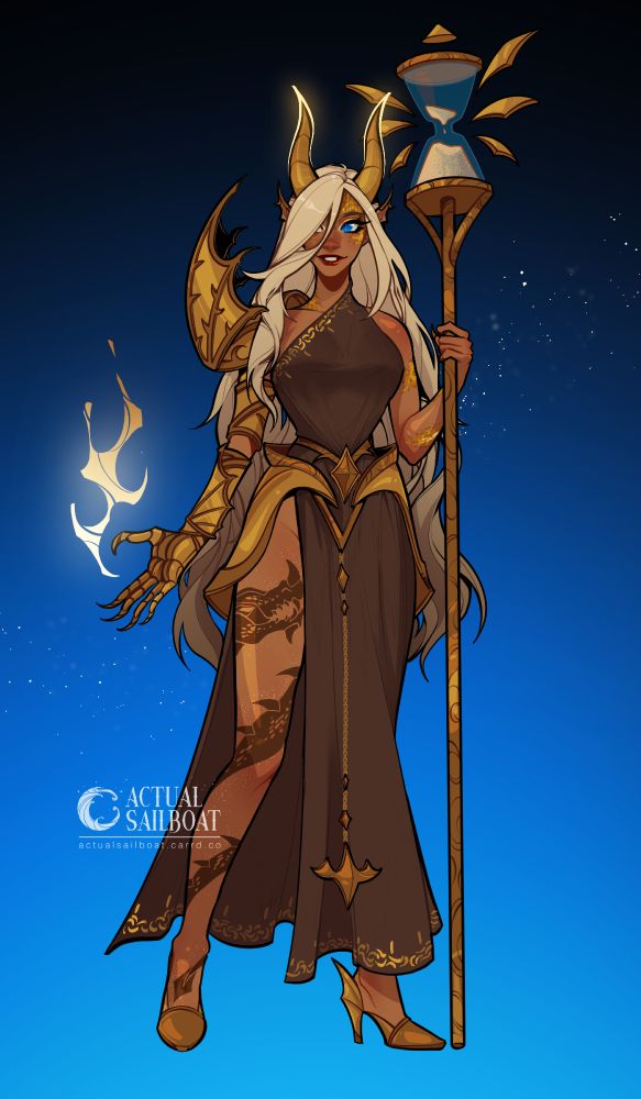 A bronze dragon with long pale blonde hair, and a dragon tattoo that sweep up her right left, stands with an hourglass staff in hand. Her right hand is protectively encased in bronze and gold metal. She looks off to the side.