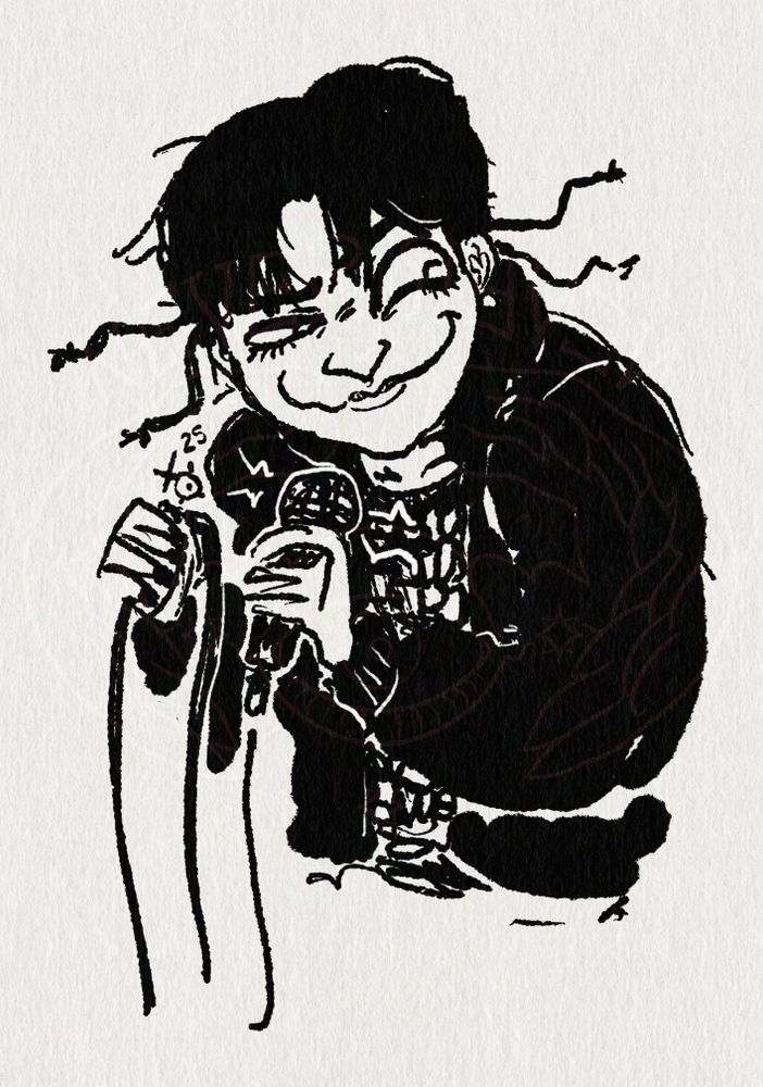 A digital ink sketch by Never Never of a young white man, Adam, his face scrunched up in a frightening, scheming smile, hunched over and holding a microphone.  He is wearing a bomber jacket and a sheer string shirt, and has his hair in four rat-tail braids that rocket out from his head.