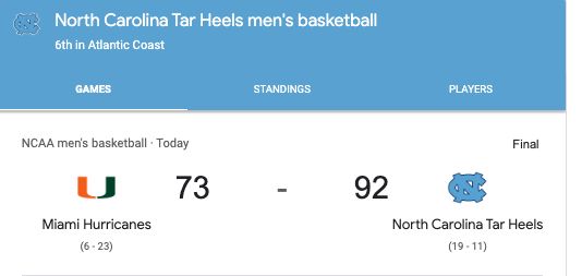Box score of the UNC men's basketball game against Miami, showing Carolina winning by 19 points