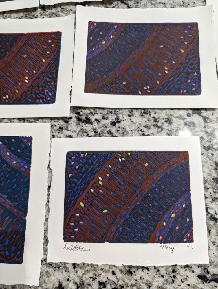 Multicolored linocut print inspired by fluorescent microscopy of hippocampal neurons, titled "Merge"