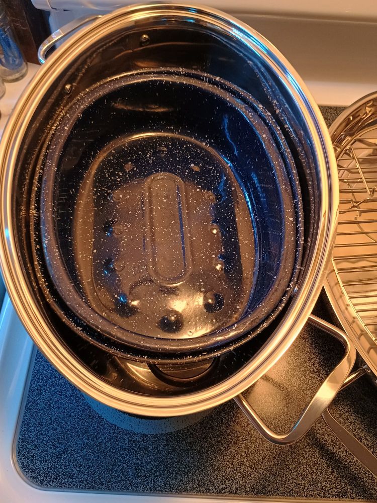 Old roasting pan inside new larger stainless steel roasting pan. 