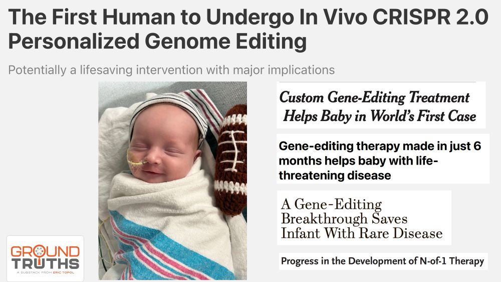 Multiple headlines about the first CRISPR 2.0 personalized genome editing and photo of the baby treated 