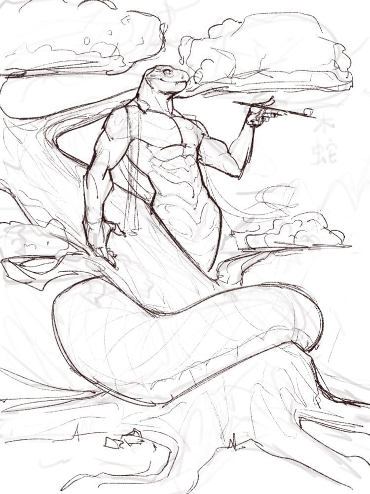 A snake anthro coiled around a tree.