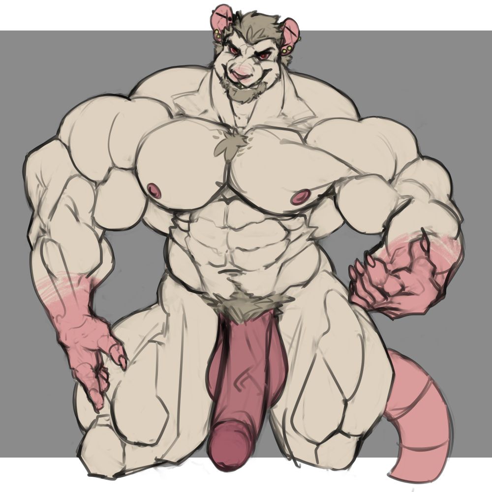 The subject, now monstrously built beckons the viewer hither. His shaft is barely engorged yet swings between his knees.