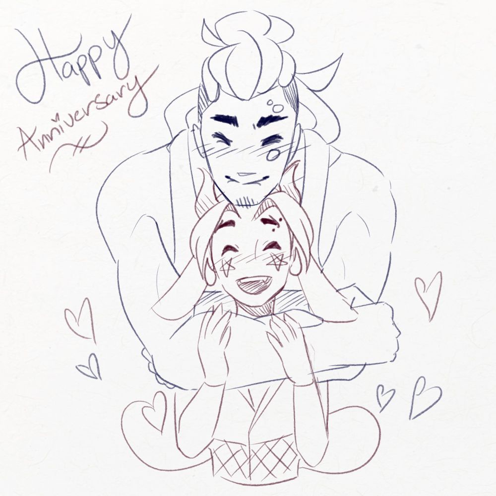 A sketchy drawing done of the character Nautilus tightly and lovingly holding onto the character of pastel. With text reading ‘happy anniversary’