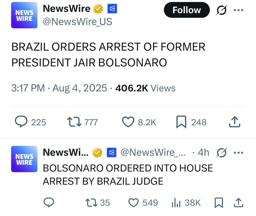 NewsWire V E @NewsWire_US
Follow
BRAZIL ORDERS ARREST OF FORMER PRESIDENT JAIR BOLSONARO
3:17 PM • Aug 4, 2025 • 406.2K Views
022517777 O8.2K
~ 248
个
NEWS WIRE
NewsWi...
日
@NewsWire_.. • 4h g.
BOLSONARO ORDERED INTO HOUSE ARREST BY BRAZIL JUDGE
⑦17353549 ||1 38K