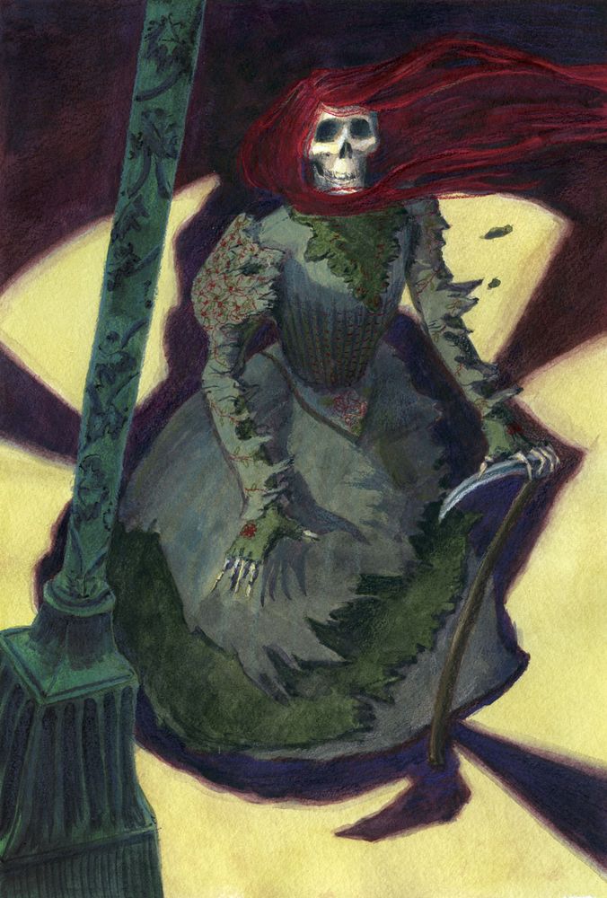 A painting of a woman with long red hair and a torn up late victorian gown whose face is a skull and hands are bones, holding a scythe, standing in the uncannily yellow glow of a streetlamp; the lamppost is carved with legible and illegible runes.