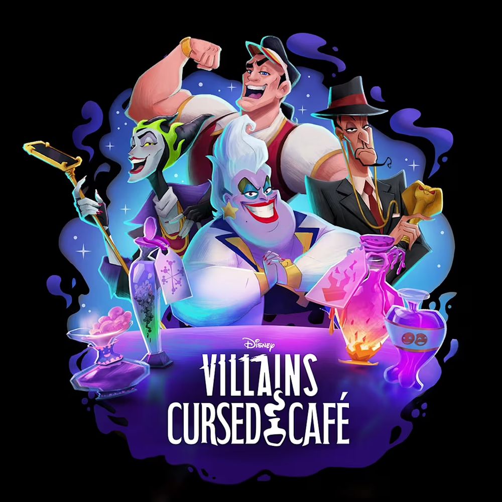 The logo art for Disney Villaisn Cursed Cafe, featuring Gaston, Maleficent, Jafar and Ursula in modern clothes behind a counter covered in magical glowing bottles and beverages. Everything is purple and swirly and sparkly.