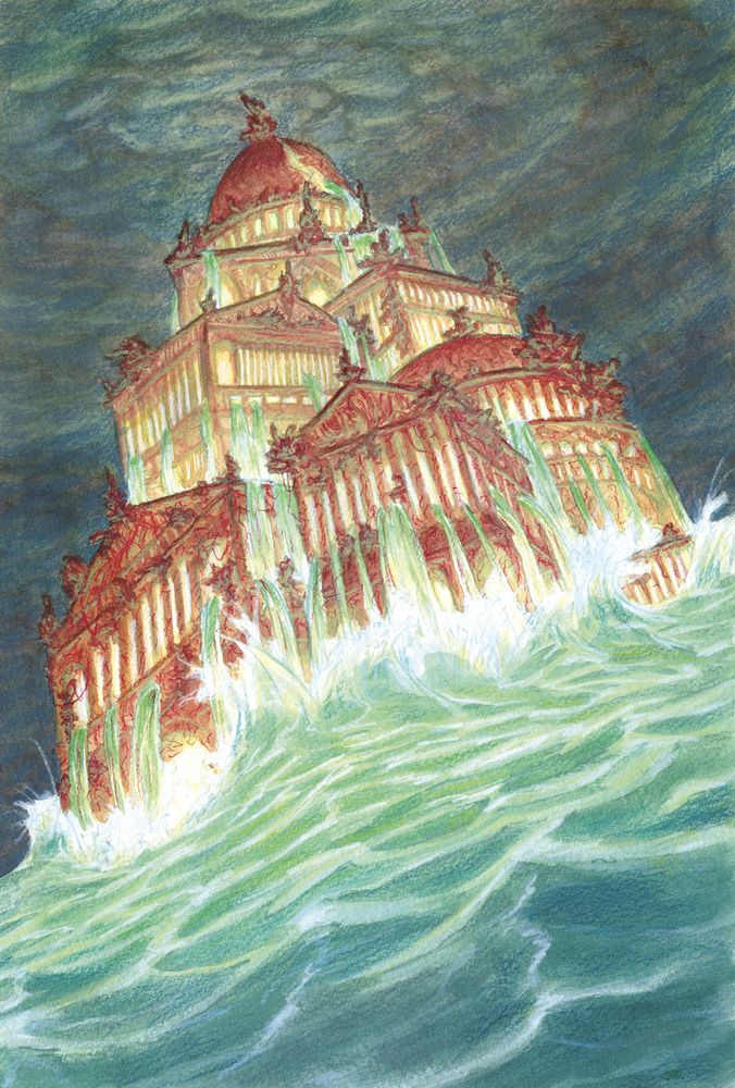 A painting featuring a glowing brown and pink and yellow classical greek style structure emerging from the ocean, water pouring out of its windows against a storm cloud filled sky.