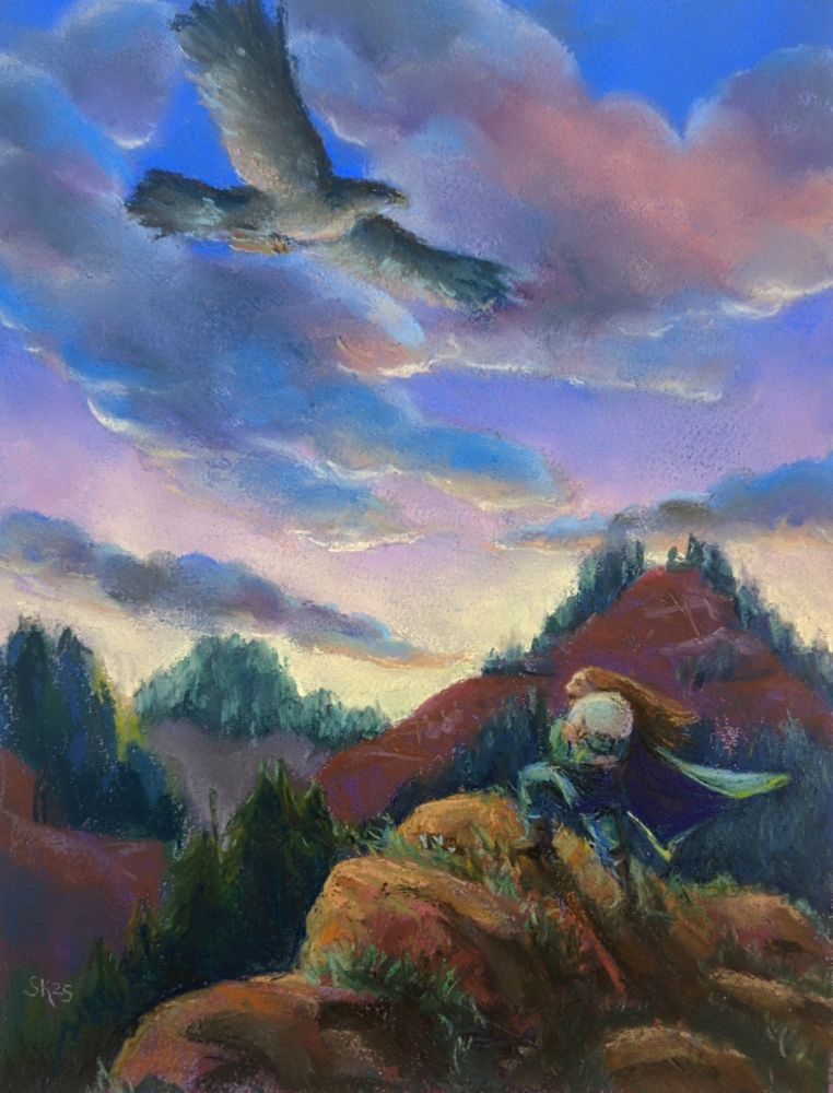 a soft pastel painting of an adventurer perched on a rocky outcropping, holding a huge egg, while an enormous hours artists overhead on a glowing sunset sky