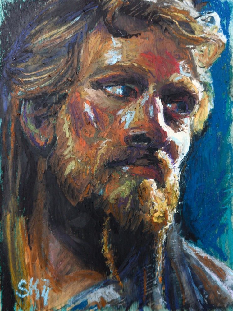 A chunky and painterly portrait of a man with long blond hair, short wispy bangs, and a beard with two braids coming from his chin.