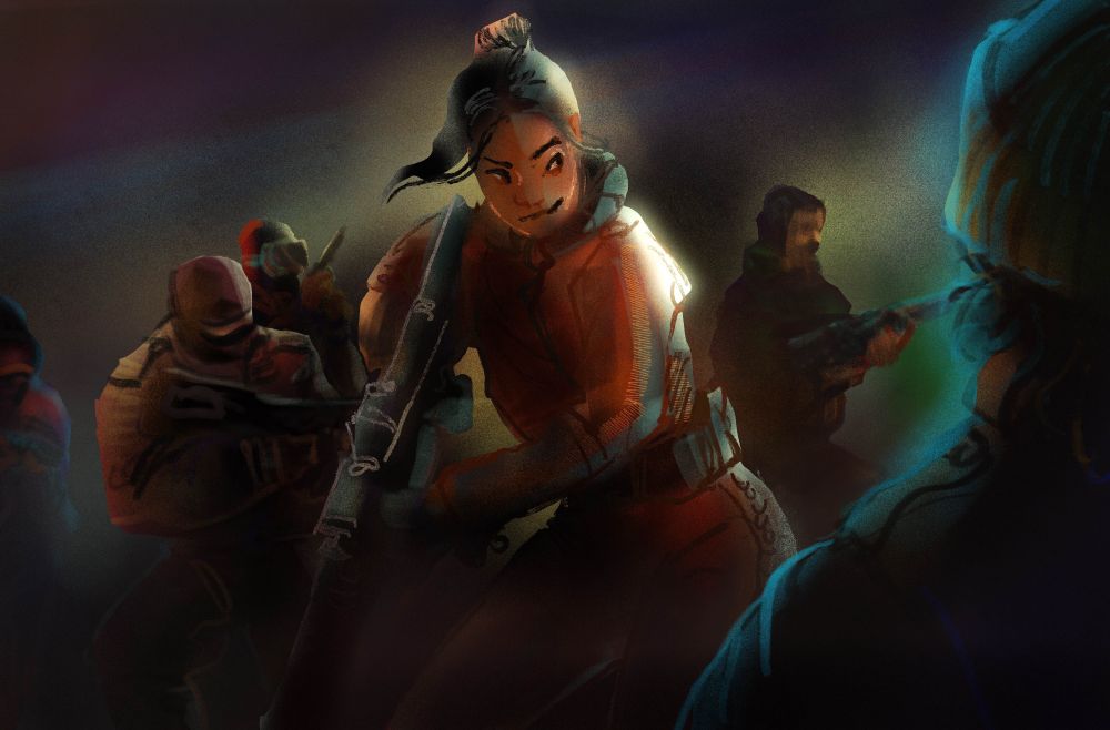 A loose digital sketch of a group of folks in futuristic sci-fi outfits mixed with contemporary stuff like ski masks, holding nonspecific guns, in the middle of a pause in an engagement; the backgrounds is vague and dark. the central figure is wearing an orange jumpsuit and has light skin and dark hair pulled back in a ponytail.