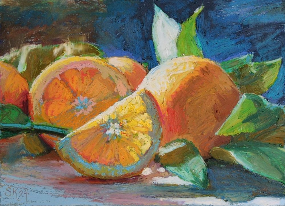 A still life painting of some oranges in glowing sunlight, with very chunky, painterly brushstroke style application of the oil pastels.