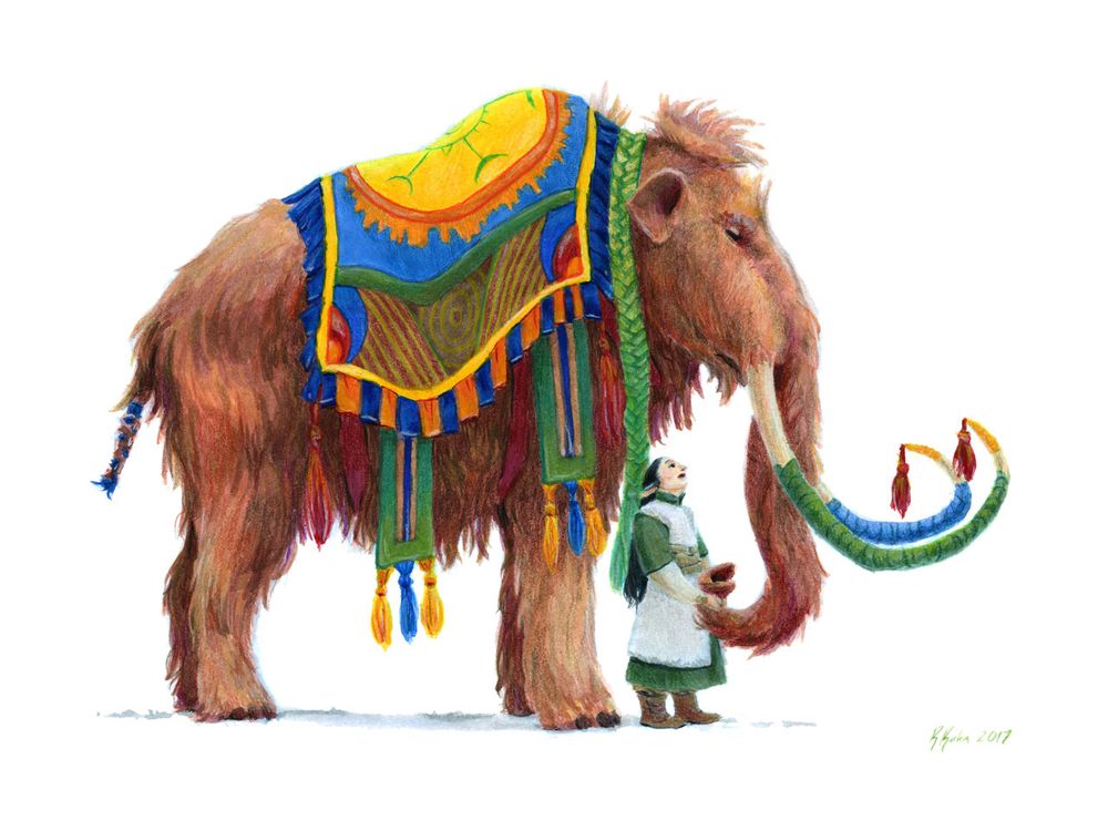 A drawing in colour of a wooly mammoth wearing colourful woven blankets and shawls, with tassels on the end, and wrappings and tassels on its tusks. Standing underneath its head and holding the end of its trunk is a small person with long dark hair and pointed ears, in white and green layered tunics.