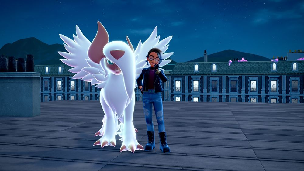 Picture of my character and my shiny alpha mega Absol posing on a rooftop at night time in Pokémon Legends ZA 